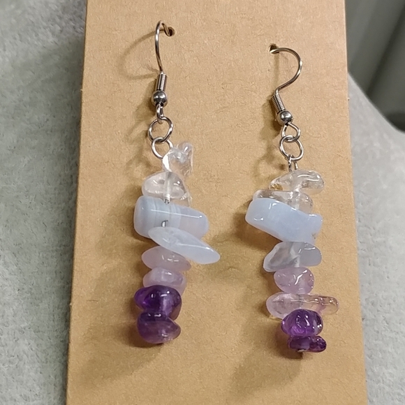 Amethyst Quartz Crystal Blue Lace Agate Earrings Natural Gemstone Chip Beaded - Picture 5 of 10